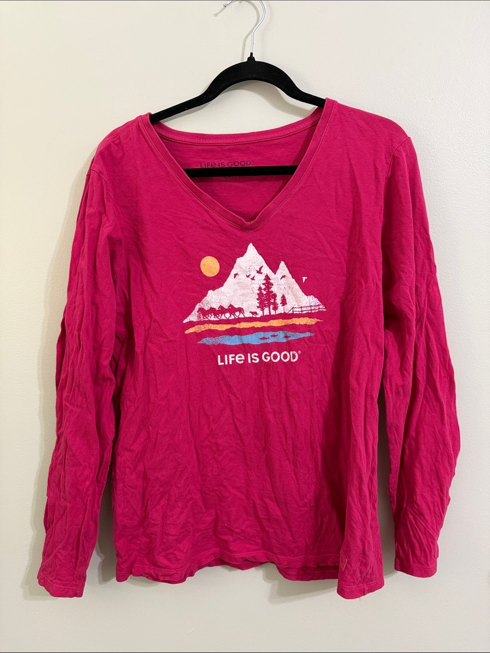 Life Is Good Hot Pink Mountain Graphic V-Neck Long Sleeve Tee